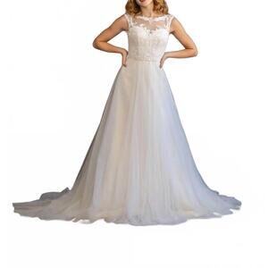 NEW LORE agusta classic cap sleeve lace and tulle bridal gown in champagne